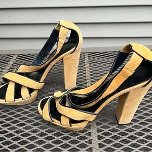 Colin Stuart mustard marigold yellow unique suede heels (5 “ heel)